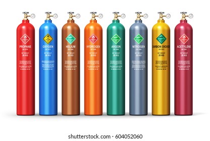 Fuel Industry Manufacturing Business Concept: 3D Render Of Color Metal Containers Or Cylinders With Different Liquefied Compressed Natural Gases LNG Or LPG With High Pressure Gauge Meters And Valves