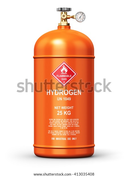 Fuel industry manufacturing concept: 3D render illustration of orange metal liquefied compressed natural hydrogen gas container or cylinder with high pressure gauge meter and valve isolated on white