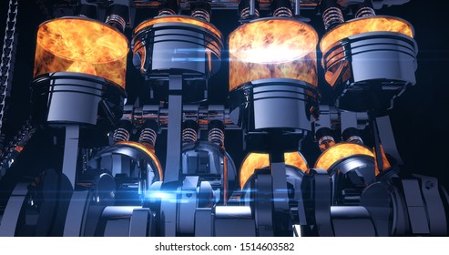 Fuel Injected V8 Engine With Explosions. Pistons And Other Mechanical Parts - 3D Illustration Render
