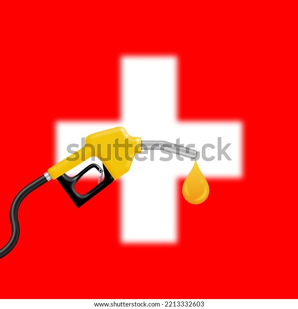 fuel\
nozzle on blur Switzerland Flag with  fuel drop. concept for demand\
and gasoline price effect on Switzerland \
economy.