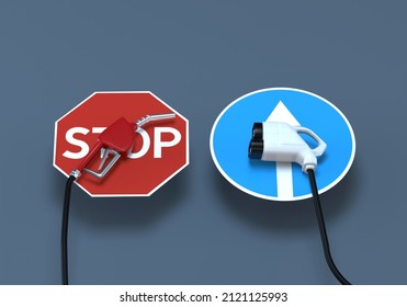 Fuel oil and gasoline dispensers and electric car charger on road signs. 3D Render. - Powered by Shutterstock