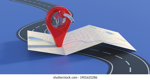 Tankstellenumsiedlung für Fahrten. Karte Marker und Gasdüse auf Autobahn, blauer Hintergrund. Ölen-Otto-Dieselnachfüll- und -füllstandkonzept. 3D-Illustration