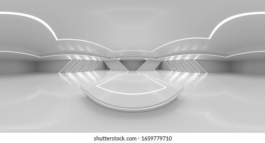 Full 360 degree equirectangular panorama hdri of modern futuristic white building interior 3d render illustration