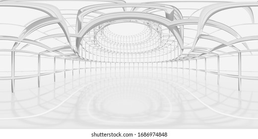 Full 360 degree equirectangular panorama hdri of modern futuristic mesh frame wire building interior 3d render illustration