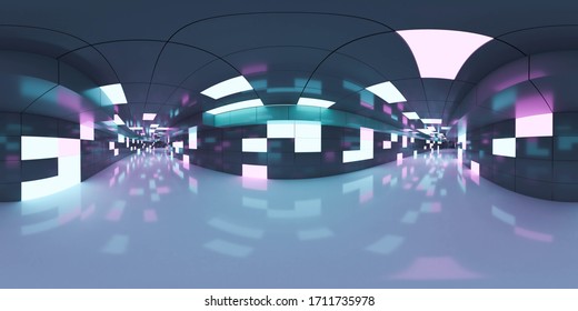 Full 360 degree equirectangular panorama hdri of modern futuristic white hallway interior 3d render illustration
