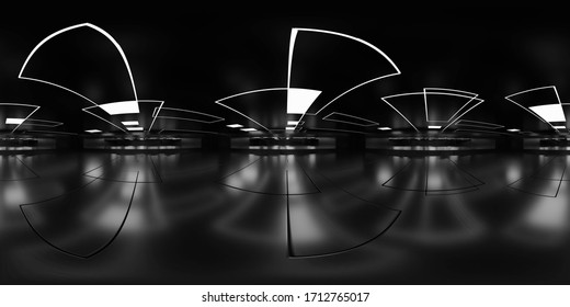 Full 360 degree equirectangular panorama hdri of dark modern futuristic shiny reflective building interior 3d render illustration