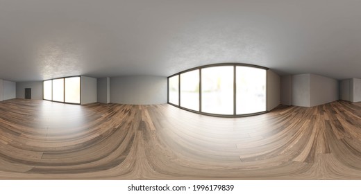 full 360 degree panorama of modern loft studio with wooden floor dark walls and big windows 3d render illustration modern architecture design hdri hdr vr style