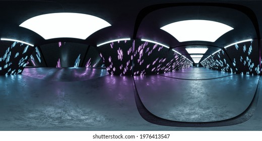 full 360 degree panorama view of futuristic building interior with neon lights and high technology surface 3d render illustration hdri hdr vr style