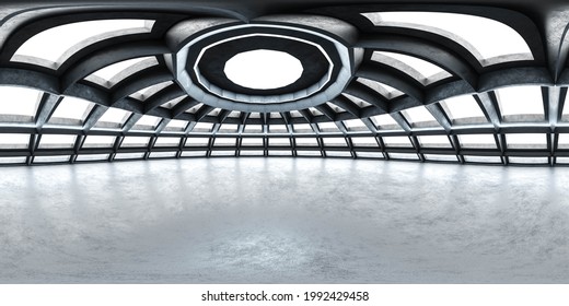 full 360 degree panorama view of bright conrete building hall dome with futuristic architecture design 3d render illustration hdri hdr vr style