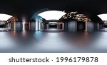 Full 360 equirectangular spherical panorama view of dark modern futuristic technology building architecture 3d rendering illustration hdri hdr vr design