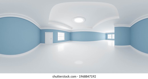 full 360 panorama of empty classic design room with white floors and blue walls 3d render illustration hdri hdr vr style