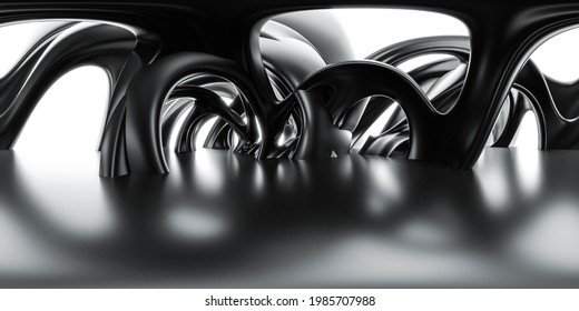 full 360 panorama view of dark futuristic geometric round organic shape environment 3d render illustration hdri hdr vr style