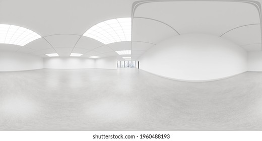 Full 360 panorama view of empty white big office loft with big windows and city view 3d render illustration virtual reality hdr hdri style content