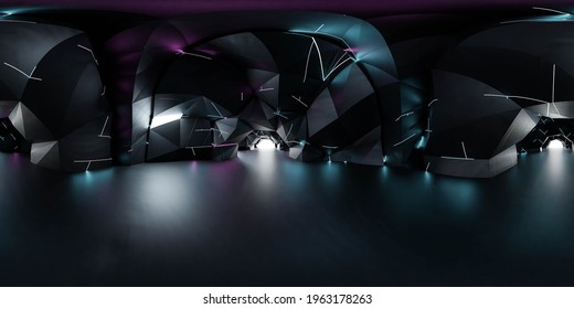 full 360 spherical panorama view of futuristic sci-fi environment with neon lights 3d render illustration hdr hdri vr design