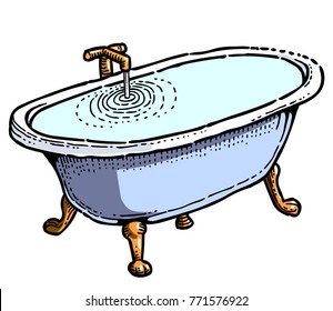 Full Bathtub Cartoon Image. Artistic Freehand Drawing. Authentic Cartoon.