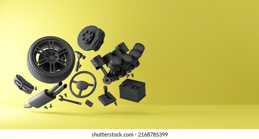 Full Black Car Parts on yellow studio background. 3d rendering