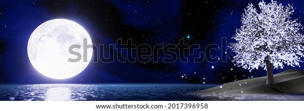 full blue moon In the night sky there are stars\
in the sky. Super Moon in the middle of the sea with reflections on\
the water surface. Blurred fantasy trees glowing leaves are\
falling. 3D\
rendering