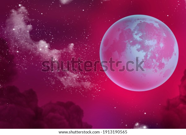 Full blue moon with star at red magenta pink
glowing alien sky
background.