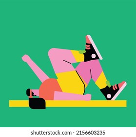 A Full Body, Abs And Lower Body Strength Workout For A Beginner, Stylized Illustration, Flat Character Of A Woman Exercising On A Yoga Mat