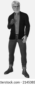 Full Body Black And White Image Of Marco, An Older Tattooed Bearded Silver Fox Man Wearing Hipster Glasses And Standing On An Isolated Background - 3D Illustration Cartoon Character Model Render 