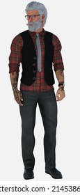 Full Body Image Of Marco, An Older Tattooed Silver-haired Fully Bearded Man Wearing Hipster Glasses And Standing On An Isolated White Background - 3D Illustration Cartoon Character Model Render 