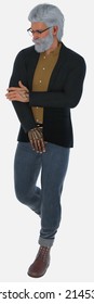 Full Body Image Of Marco, An Older Tattooed Silver-haired Fully Bearded Man Wearing Hipster Glasses And Standing On An Isolated White Background - 3D Illustration Cartoon Character Model Render 