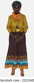 Full Body Portrait Of Agatha, A Beautiful Older Woman With Graying Hair Standing Frowning With Her Fingers Laced On Isolated White Background. Agatha Is A 3D Illustrated Character Model Render.