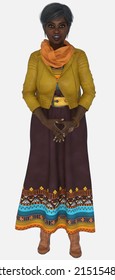 Full Body Portrait Of Agatha, A Beautiful Older Woman With Graying Hair Standing Smiling With Her Fingers Laced On Isolated White Background. Agatha Is A 3D Illustrated Character Model Render.