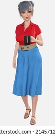Full Body Portrait Of Dorothy, Older Beautiful Gray-haired Green-eyed Woman Wearing A Summer Outfit Walking With Coffee On An Isolated White Background 3d Illustration Cartoon Character Model Render