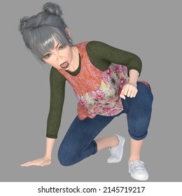 Full Body Portrait Of Dorothy, Older Beautiful Gray-haired Green-eyed Senior Woman Wearing A Gardening Outfit Kneeling On An Isolated Grey Background 3d Illustration Cartoon Character Model Render