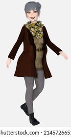 Full Body Portrait Of Dorothy Older Beautiful Gray-haired Green-eyed Senior Woman Wearing An Autumn Outfit Standing Happy On An Isolated White Background 3d Illustration Cartoon Character Model Render