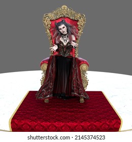 Full Body Portrait Of Lena, A Young Beautiful Red And Black Haired Vampire Queen Of The Dead With Devil Horns Sitting On An Isolated White Background - 3D Illustration Character Cartoon Model Render