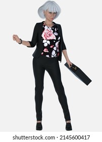 Full Body Portrait Of Susan, An On-the-go Beautiful White-haired Older Woman Wearing A Professional Outfit Standing On An Isolated White Background - 3D Illustration Cartoon Character Model Render