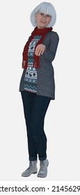 Full Body Portrait Of Susan, An On-the-go Beautiful White-haired Older Woman Standing In A Winter Outfit On An Isolated White Background - 3D Illustration Cartoon Character Model Render