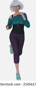 Full Body Portrait Of Susan, A Physically Active On The Go Beautiful White-haired Older Woman Exercising By Doing Yoga On An Isolated White Background - 3D Illustration Cartoon Character Model Render