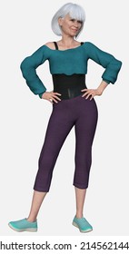 Full Body Portrait Of Susan, A Physically Active On The Go Beautiful White-haired Older Woman Standing Akimbo With Attitude An Isolated White Background 3D Illustration Cartoon Character Model Render