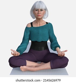 Full Body Portrait Of Susan A Physically Active Beautiful White-haired Older Woman Meditating Eyes Closed On A Yoga Mat Isolated White Background 3D Illustration Cartoon Character Model Render