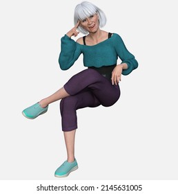 Full Body Portrait Of Susan, A Physically Active On The Go Beautiful White-haired Older Woman Sitting On An Invisible Chair An Isolated White Background 3D Illustration Cartoon Character Model Render