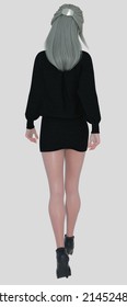 Full body rear view portrait of Elle, a young beautiful woman with blond hair and blue eyes wearing a cute sweater dress walking on an isolated white background 3D illustration character model render