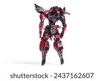 Full body science-fiction mech samurai warrior with black red scratched armor metal, jetpack. Concept art big military futuristic robot with heavy armor. Back view. 3d render isolated white backdrop.