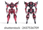 Full body science-fiction mech samurai warrior with black red scratched armor metal, jetpack. Concept art of big military robot with heavy armor. Front and Back view. 3d render isolated white backdrop