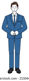 Full body standing pretty man in suit bowing with head slightly bowed. Illustration of hands folded with right hand on top