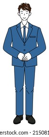 Full body standing pretty man in suit bowing with head slightly bowed. Illustration of hands folded with left hand on top