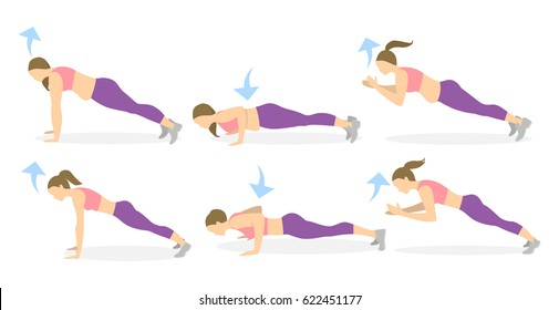 Full body workout on white background. Exercise for fat women. Plank, push ups and clap. From fat to skinny.