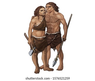 Full Color Illustration of Couples Male and Female Neanderthal Wearing Animal Skin Clothes and Holding Stone Age Hunting Tools
