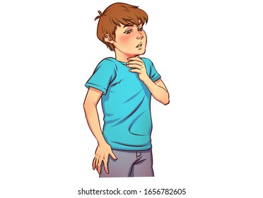 Full Color Illustration Of Little Kid With Sore Throat Pain