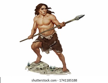Full Color Illustration of Neanderthal Holding Ancient Technology Stone Spear in Striking Pose