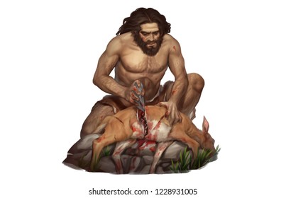 Full Color Illustration Of Neanderthal Hunter Slice Deer With Ancient Technology Rock Knife Stone Tool