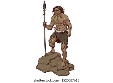 Full Color Illustration of Neanderthal Hunter Standing on the Rock with Stone Spears