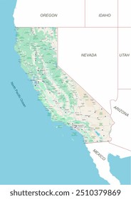 A full color map with cities and highways of the state of California along with borders surrounded by other brightly colored American states and the country of Mexico